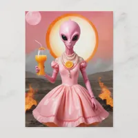 Funny Alien Lady With Orange Juice Burning Desert Postcard