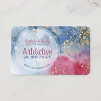 Red Blue Watercolor Gold Splatters Artist Creative Business Card