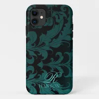 Dark Teal Vintage Damask Monogram Phone Case