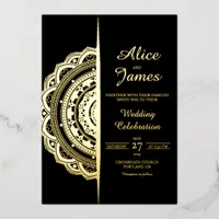Mandala Split Frame Luxury Black Gold Foil Wedding Invitation
