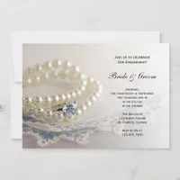 Blue Vintage Lace, Pearls, Ring Engagement Party Invitation