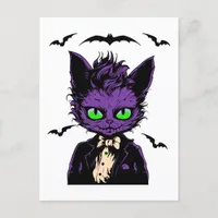 Purple Halloween Cat with Bats Postcard