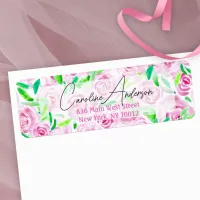 Watercolor Pink Roses Green Leaves Return Address Label