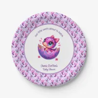 "Hatching Soon" Purple Dinosaur Baby Shower Paper Plates
