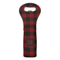 Rustic Red Buffalo Plaid Farmhouse Monogram Wine Bag