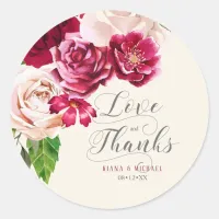 Roses Burgundy/Cream Wedding Love and Thanks ID584 Classic Round Sticker