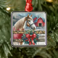 Horse at a Farm Christmas Metal Ornament