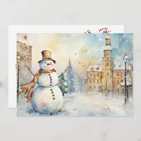 Cheerful Whimsical Snowman in a Snowy Village Holiday Card