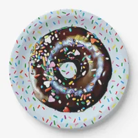 Blue Chocolate Donut with Sprinkles  Paper Plate