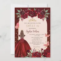 Burgundy Gold Floral Princess Sweet 16 Invitation