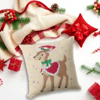 Embroidered Christmas Reindeer with Santa Hat Throw Pillow
