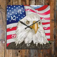 Bald Eagle in front of American Flag Patriotic Art Square Wall Clock