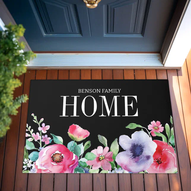 Watercolor Pink Flowers Modern Family Name Black  Doormat