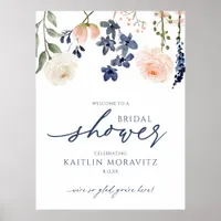 Bridal Shower Welcome Sign Peach Navy Blue Floral