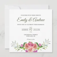 Peach Rose Arch Floral Watercolor Square Wedding Invitation