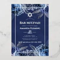 Navy and Silver Floral Bat Mitzvah Foil Invitation