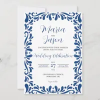 Mexican Blue Floral Classic Aesthetic Boda Wedding Invitation