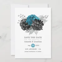 Turquoise - Teal Black and Silver Floral Wedding Save The Date