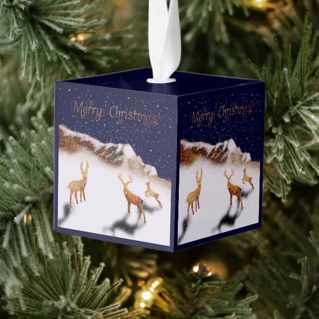 Merry Christmas - wood deers and mountains in snow Cube Ornament