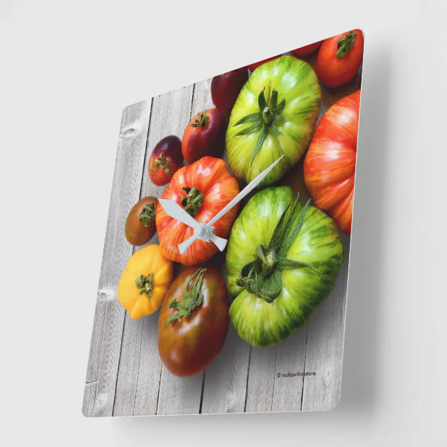 Colorful Striped Tomatoes on Weathered Table Square Wall Clock