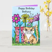 Folk Art Kitty Cat and Colorful Flowers Card