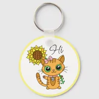 Personalized Hi and Hugs | Cute Cat with Sunflower Keychain