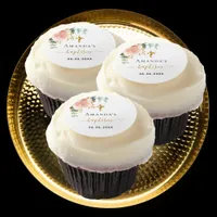 Baptism eucalyptus pink floral girl rose gold edible frosting rounds