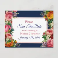 Blue Burgundy Floral Save the Date Postcard