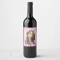 21st birthday photo pink botanical pattern wine label