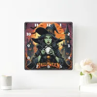 Witch with green skin sipping tea on Halloween Square Wall Clock