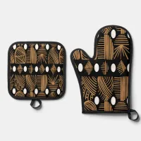 Caribbean Tribal Mudcloth: Black, White, Gold Oven Mitt & Pot Holder Set