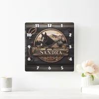 Wooden Sign Featuring Horse And Barn At Sunset Square Wall Clock