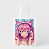 Pretty Pink Anime Girl in Headphones Grocery Bag