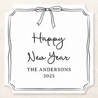 Happy New Year! Personalized Black & White Bow Paper Coaster