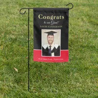 Congrats Grad Name Photo Black Red Gold Garden Flag