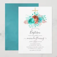 Turquoise and Coral Watercolor Floral Baptism Invitation