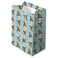 Cute Teddy Bear Blue Bow Tie Blue Background Medium Gift Bag