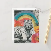 White Tiger Collage with Rainbow and Flowers Postcard