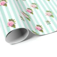 Teal and Pink Floral Chic Roses Striped Gift Wrap