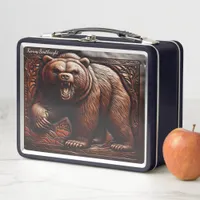 Savage Elegance: Embossed Leather Grizzly Metal Lunch Box