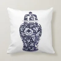 Navy Blue White Hamptons Montauk Ginger Jar Vase Throw Pillow