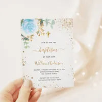 Baptism eucalyptus greenery blue gold floral boy invitation