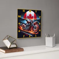 Motorcycle racing under a Canadian flag sunset Square Wall Clock