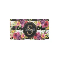 Girly Burgundy Floral Pattern Stripe Monogram Name Checkbook Cover