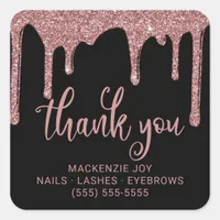 Black Rose Gold Glitter Drips Business Thank You Square Sticker