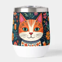 Whimsical Folk Art Cat and Flowers Thermal Wine Tumbler