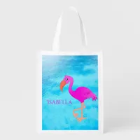 Pink tropical flamingo blue sea reusable grocery bag