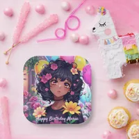 Anime Girl of Color Personalized Birthday Paper Plates