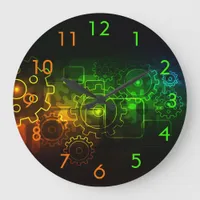 Cogwheels mechanics black neo green orange large clock