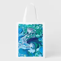 Blue Green Digital Marble Fluid Art   Grocery Bag